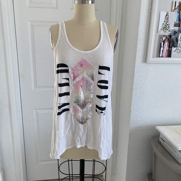 White Racer Back Knit Graphic Tank Tee With Mesh Back And Pastel Sequin Details - Picture 8 of 14